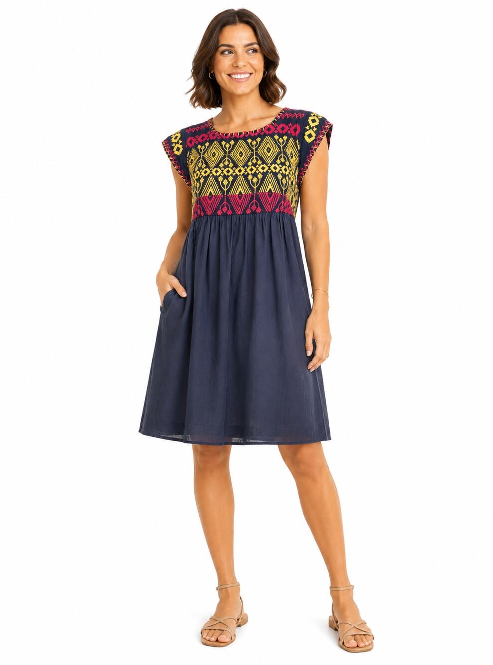 THML Black Embroidered Midi Dress Small Boho Folk Art Fall Empire Waist Pockets